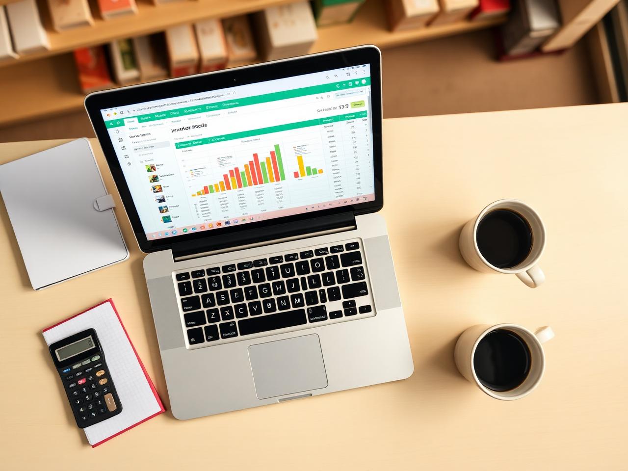 Planilha de controle de stock aberta num laptop sobre a bancada de uma loja